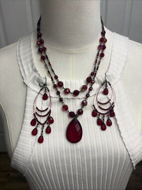 Red Teardrop Multi-Strand Necklace & Earrings Set